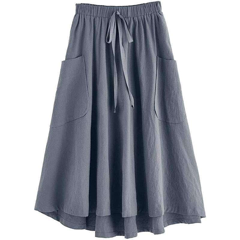 Women's Casual High Waist Pleated A-Line Midi Skirt with Pocket