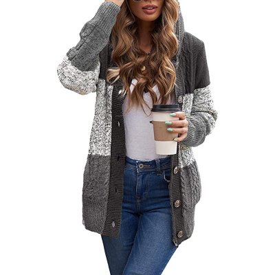 Women Hooded Knit Cardigans Button Cable Sweater Coat