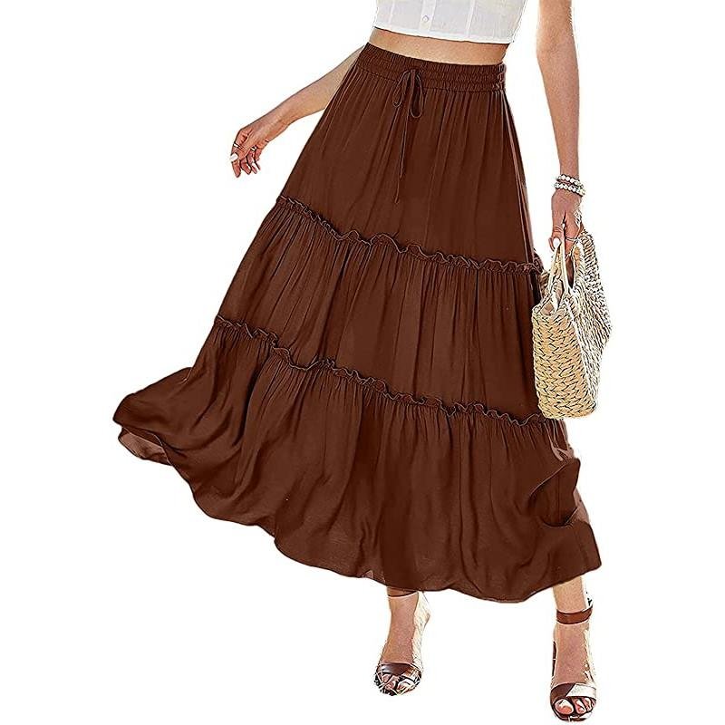 Women's Elastic High Waist A Line Layer Ruffle Swing Beach Casual Maxi Skirt