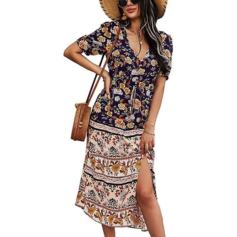 Womens Summer Casual Short Sleeve Floral Print Bohemian V Neck Flowy Midi Maxi Dress with Slit