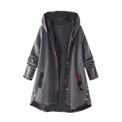 Vintage Fleece Coat Hooded Winter Warm Women Coat Fashion Loose Flroal Printed Long Sleeve Cotton Jacket