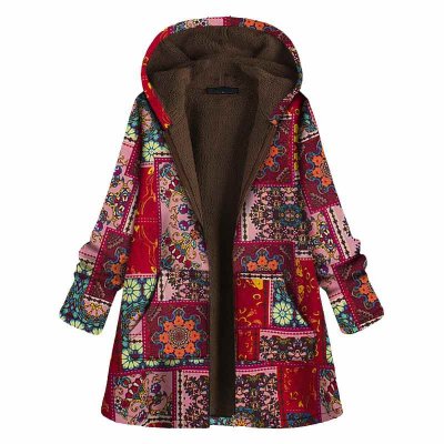 2021 Winter Coats Woman Warm Plush Jacket Vintage Print Long Sleeve Parkas Women Hooded Plush Size Jacket Manteau Femme Hiver