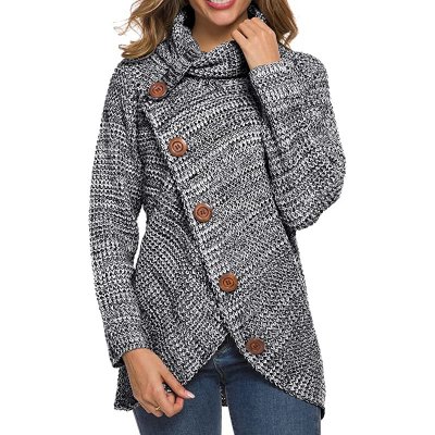 Women Solid Color Chunky Button Pullover Sweater Turtle Cowl Neck Asymmetric Hem Knit Sweater